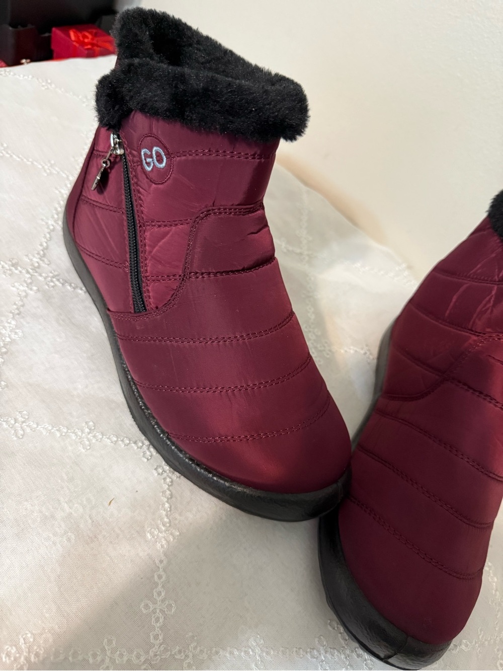 Women's Burgundy Winter Ankle Boots with Faux Fur Trim